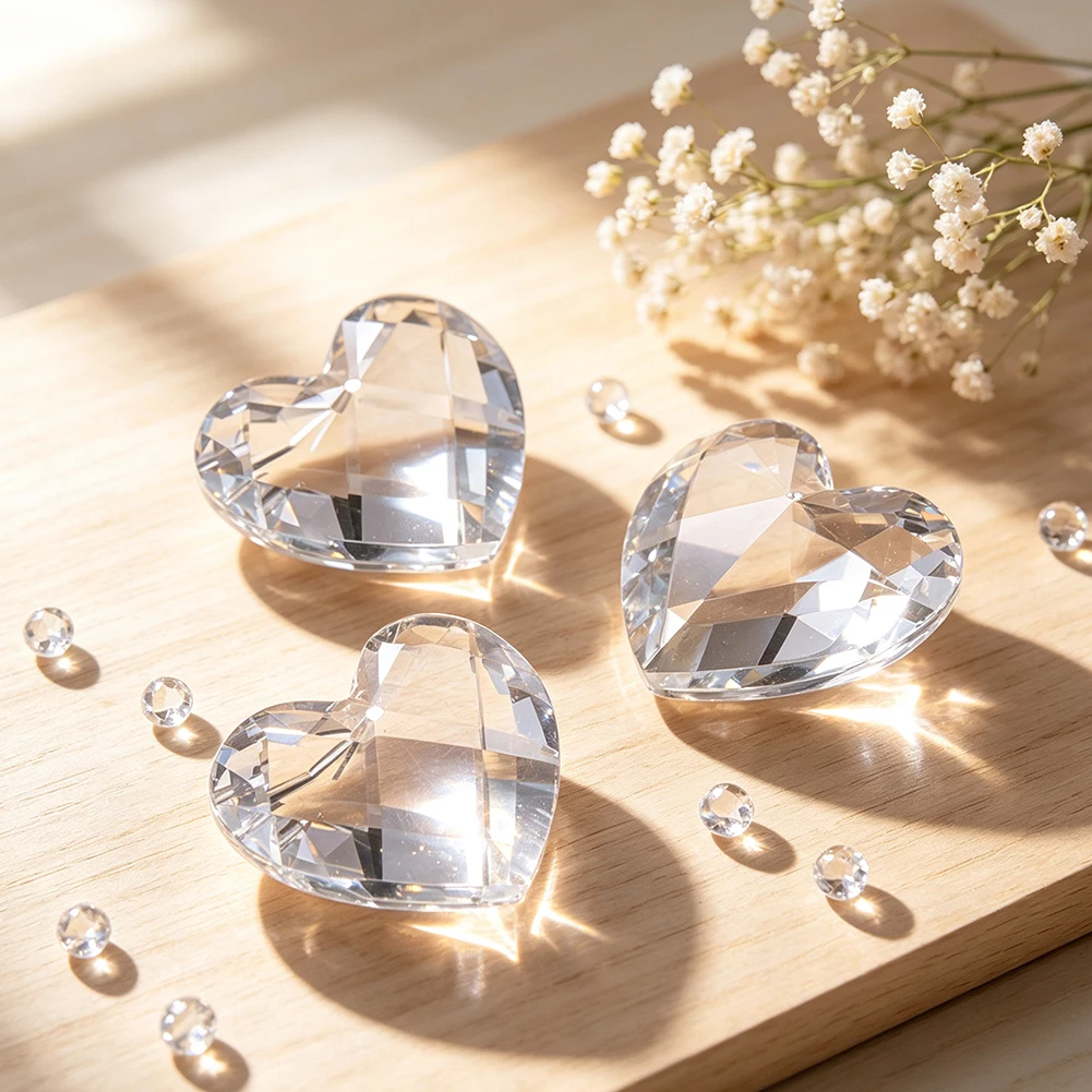3pcs Multi Faceted Heart Shaped Clear Glass Crystal Pendant Single Hole Sun Catcher Garden Hotel Chandelier Christmas Tree Decor