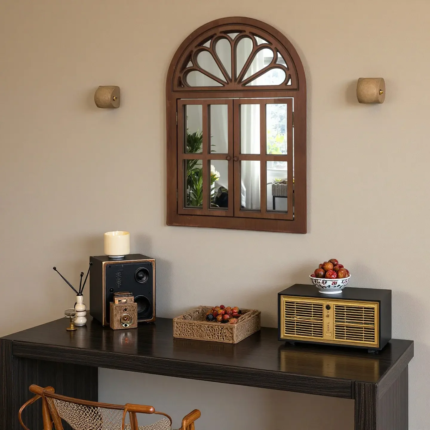 Vintage simulation fake window mirror wall hanging   living room entrance background   hearth mirror French arch
