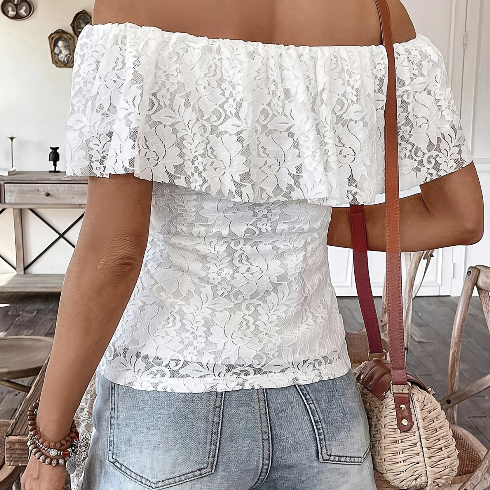 

New Fashion Women Flower Lace Tops Slim Off The Shoulder Ruffle Short Sleeve Backless Crop Shirt Summer Streetwear Hot Sale