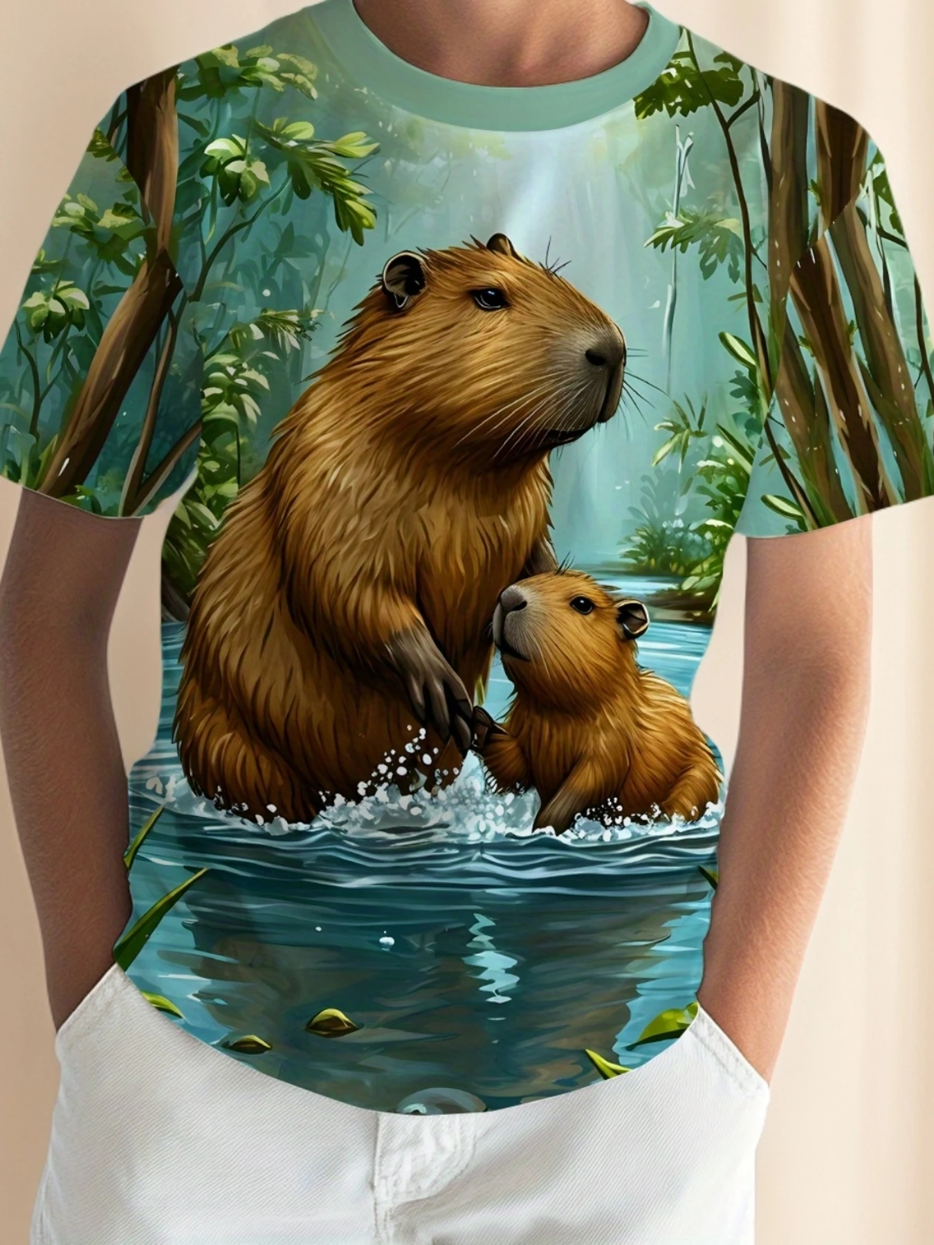1. Jungle Capybara Family Kids T‑Shirt, Boys Cute Wild Rodent Animal Graphic Short Sleeve Crew Neck Casual Summer Top