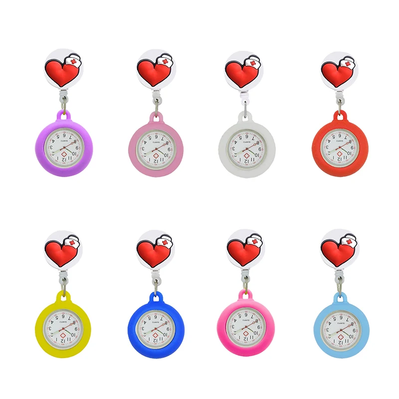 YiJia Cartoon Red Heart Nurse Pocket Watch Retractable Badge Reel Medical Cute Reloj with Silicone Case