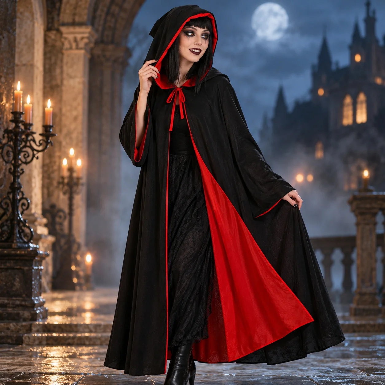 Hooded Double Sided Cape with Stand Collar Sewn No Pattern Halloween Costume Halloween Cloak Cosplay Role Play Cloak