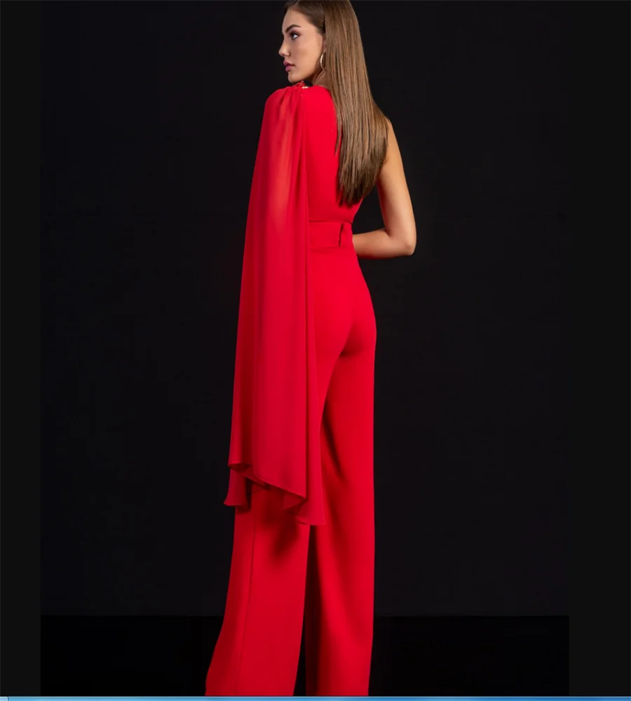 Chic Red Jumpsuit Prom Dress With Beaded 2023 One Shoulder Boho Pant Formal Evening Suit Elegant Satin Korean Party Dresses New