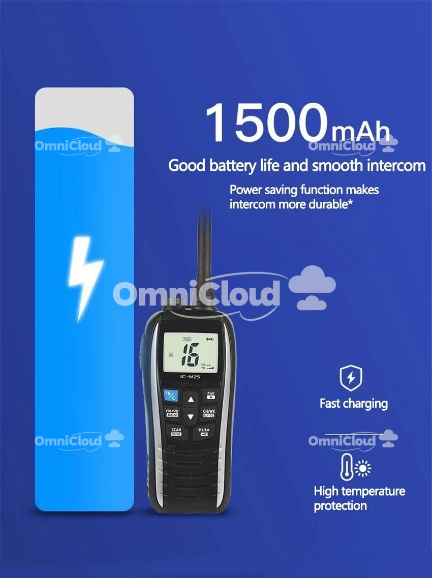 IC-M25 الهاتف البيني البحري IPX7 اسلكية تخاطب كتيمة سعة البطارية 1500 مللي أمبير في الساعة الاستعداد 1-5 أيام مسافة الاتصال 2-15 كجم