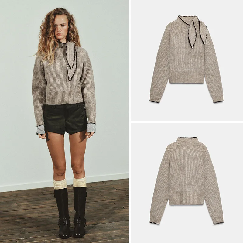 Inverno nova chegada feminina longa sve malhas gola laço design casual fino ajuste sle facionable nó topo