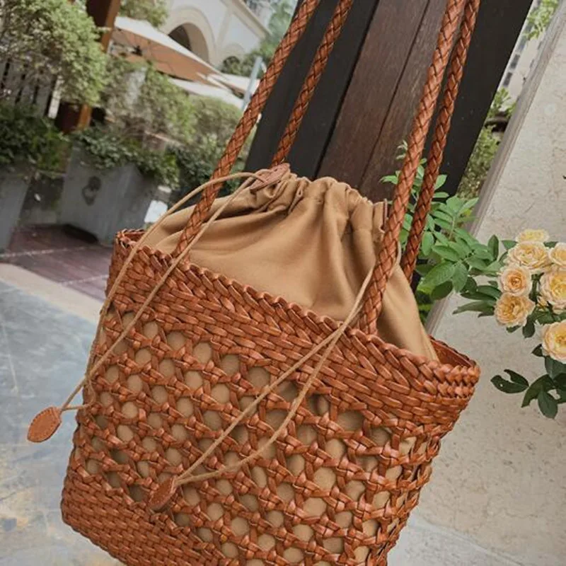 Nuova borsa derma intrecciata a mano a tracolla cava a tracolla in stile etnico da donna con borsa per la spesa Vintage tessuta Casual