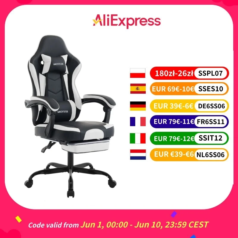 WOTSTA chaise de jeu avec repose-pieds chaises de joueur ergonomique avec coussin lombaire appui-tête chaise d'ordinateur réglable en hauteur
