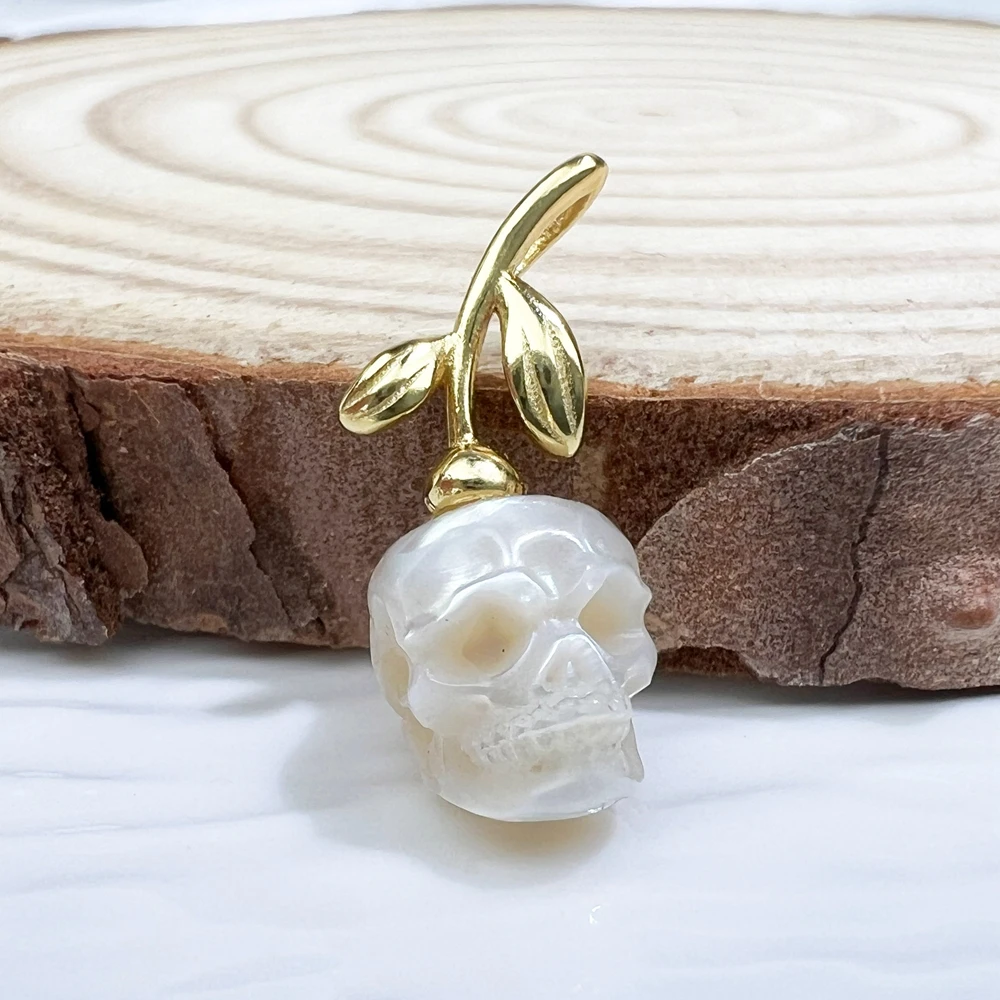 Hand Carved Freshwater Pearl Skull Pendant 925 Sterling Silver Hollow Heart Gothic Jewelry DIY Necklace Earrings Accessories