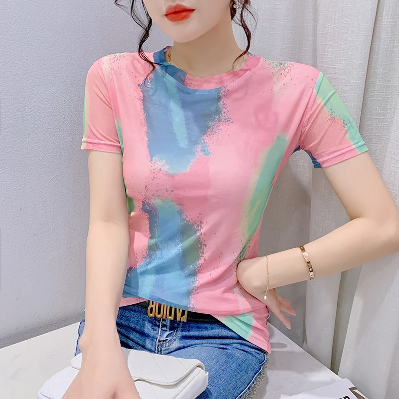 

Summer Mesh Tshirt Women Slim Short Sleeve T Shirts Lady Elegant Stretchy Printed Top Female O Neck Tee Shirt