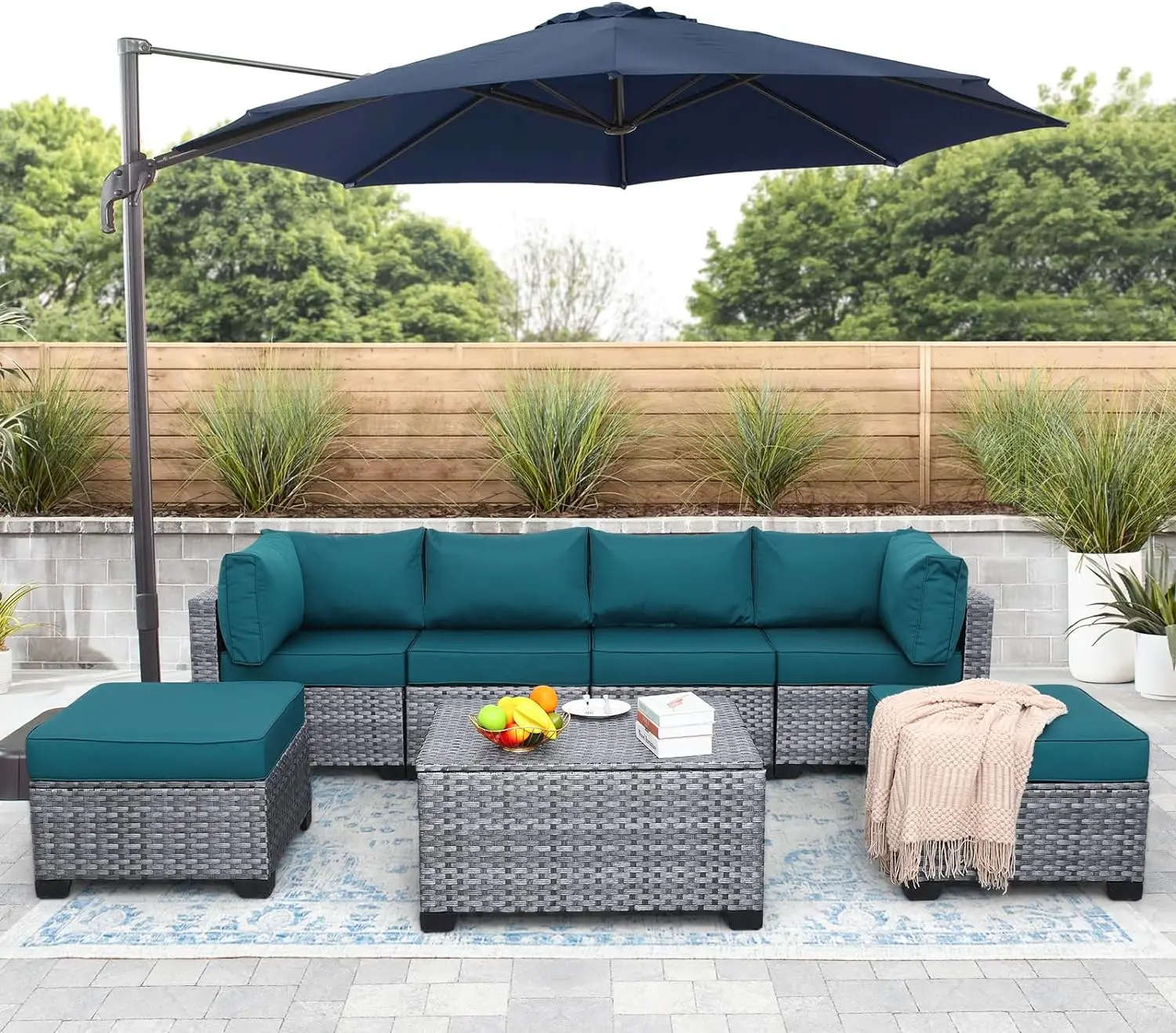 

Patio Furniture Set 7 Pieces Outdoor Sectional Sofa PE Wicker Conversation Couch Sets with Storage Table, Anti-Slip