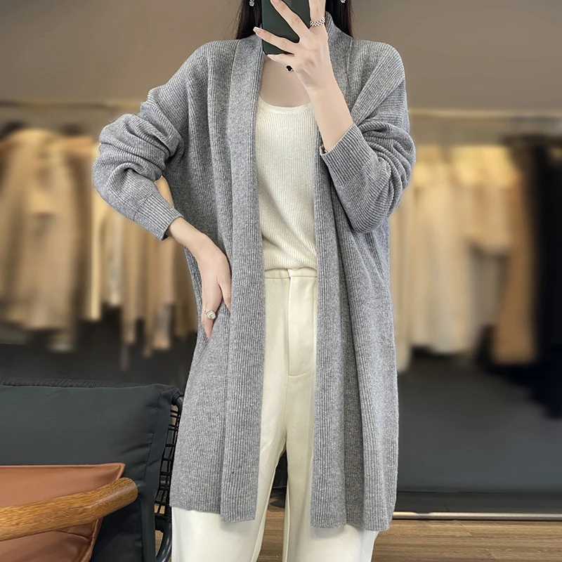 가을 여성용 가디건 100% 메리노 울 라펠 코트 솔리드 컬러 니트 롱 가디건 루즈핏 여성 의류 한국 스타일 코트