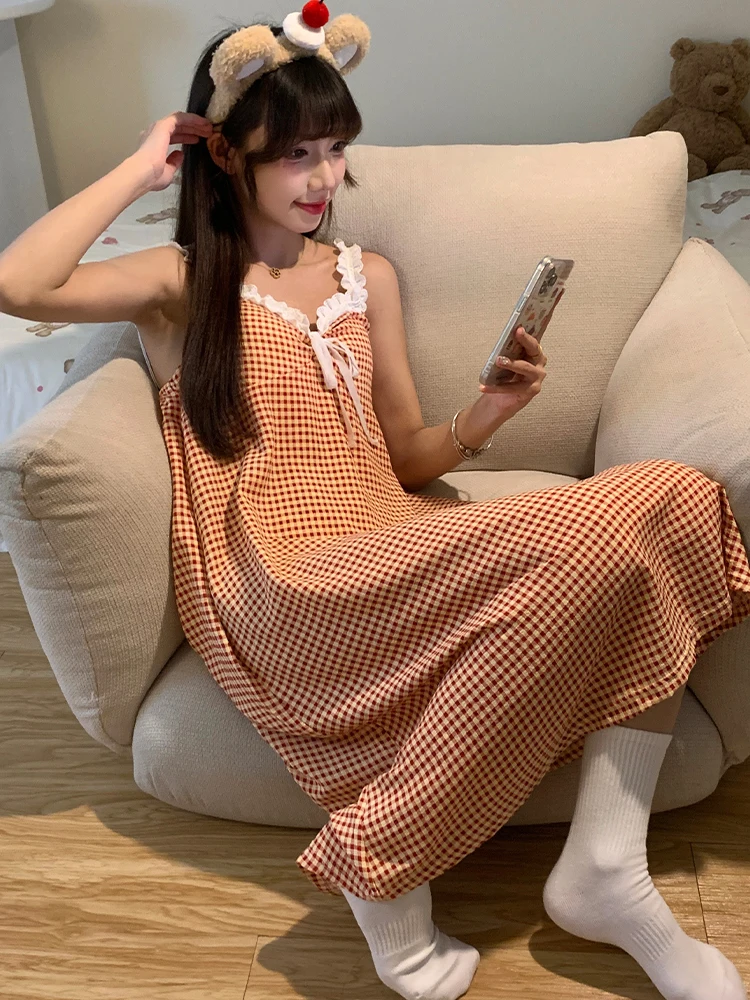 

DAIMELU new summer sexy sleepwear suspender nightdress women pajamas with chest pads sweet plaid small loungewear lady nightgown