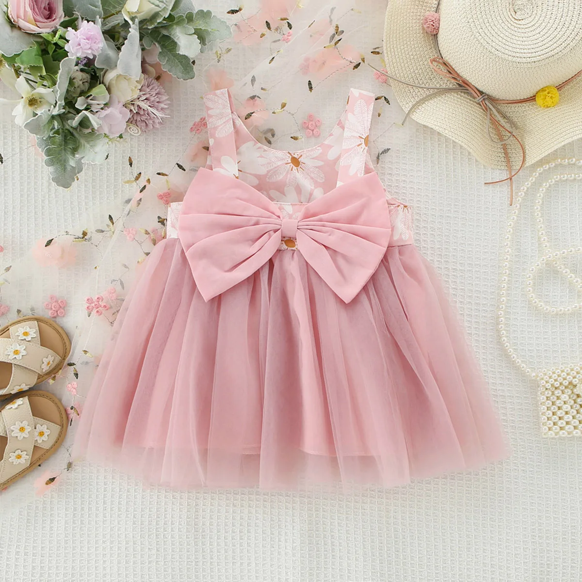 Summer New Dress For Girls Round Neck Sleeveless Sweet Little Flower Solid Color Mesh Princess Dress Suitable For Babies Aged