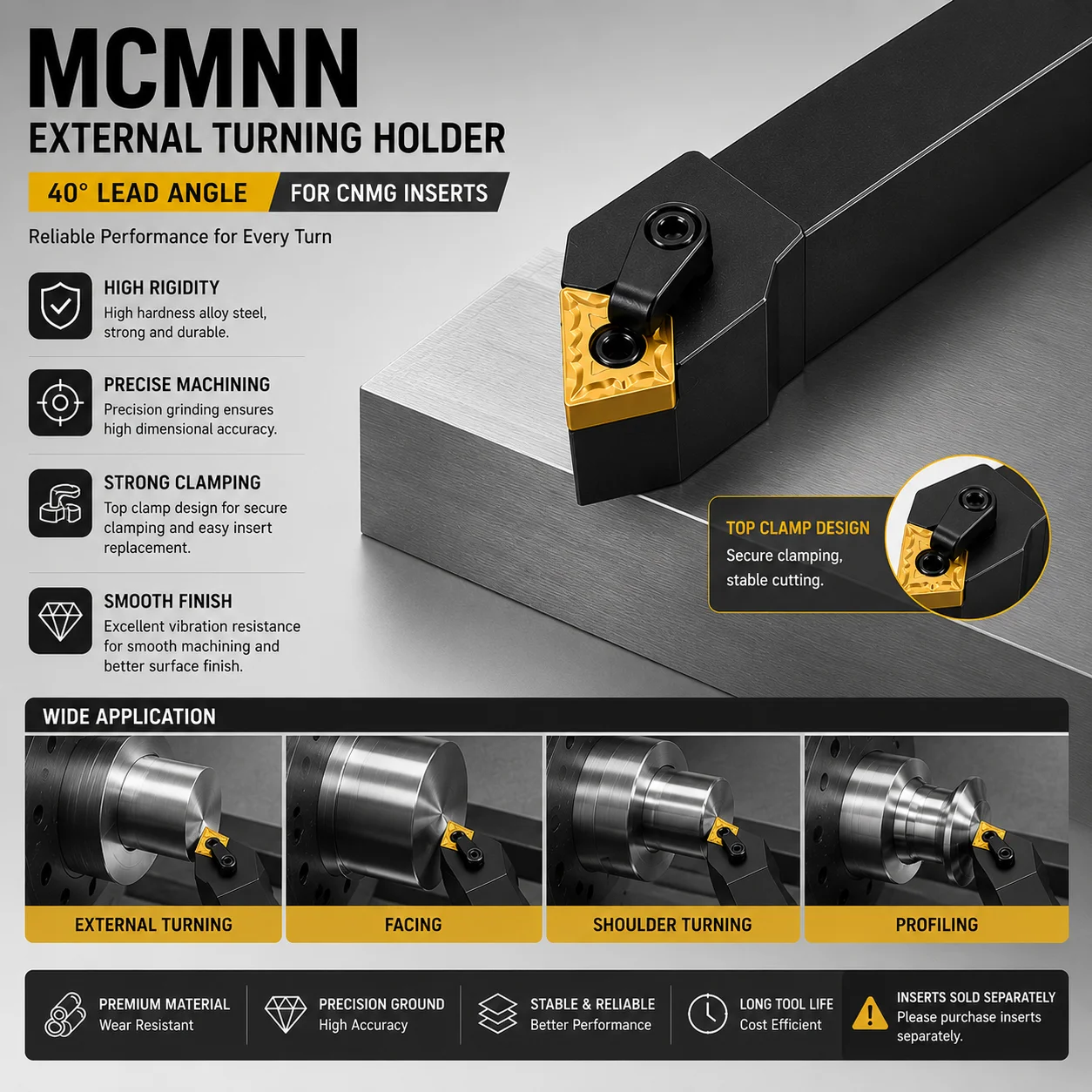 GARINA MCMNN External Turning Tool Holder 40 Degree CNC Lathe Turning Tool for CNMG Insert Metal Cutting