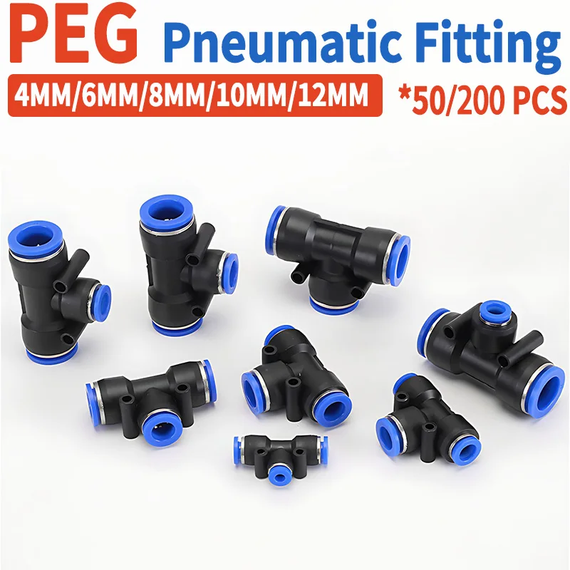 

50/200PCS PEG 3-Way T-Shaped Pneumatic Fittings, 4mm 6mm 8mm 10mm 12mm OD Hose Tube Push-In Air Gas Quick Connectors