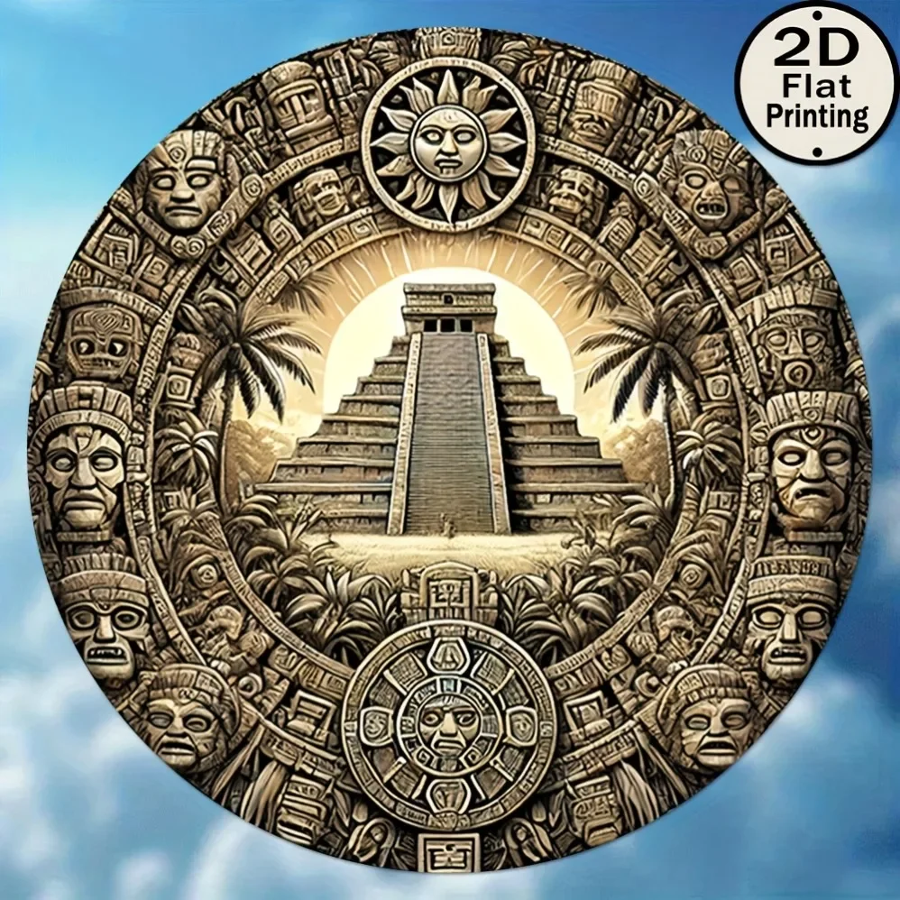 „Mayan und Azteken inspiriertes 2D-Flachmetallschild: 20,3 cm rundes Vintage-Dekor mit Pyramide der Sonne – wiederverwendbare Wandkunst für Zuhause,