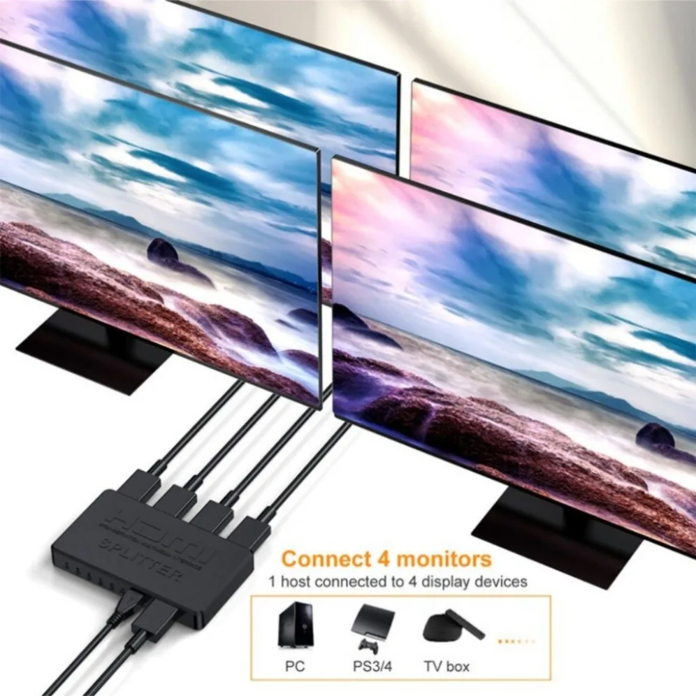 ตัวแยกสัญญาณที่เข้ากันได้กับ HDMI แบบ1 in 4สายเคเบิลอะแดปเตอร์ HDMI อุปกรณ์สลับสัญญาณวิดีโอ4K ฮับขนาด1x4สำหรับ PS4แล็ปท็อปมอนิเตอร์ทีวีกล่องโปรเจคเตอร์