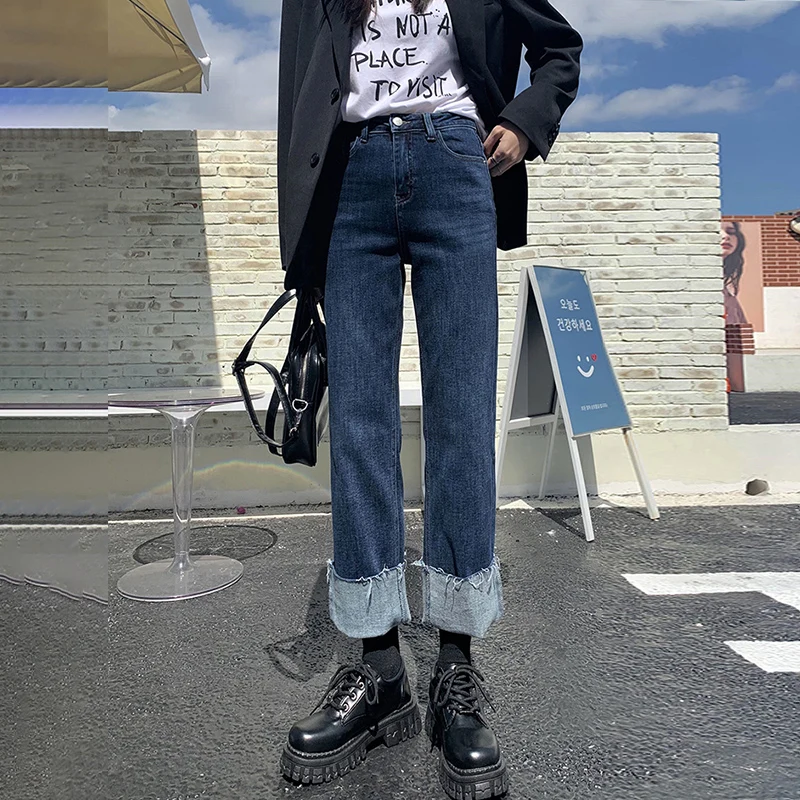 

Джинсы прямого кроя с высокой талией для женщин, большие размеры, свободные, в стиле High Street, узкие брюки, весна-осень, новинка