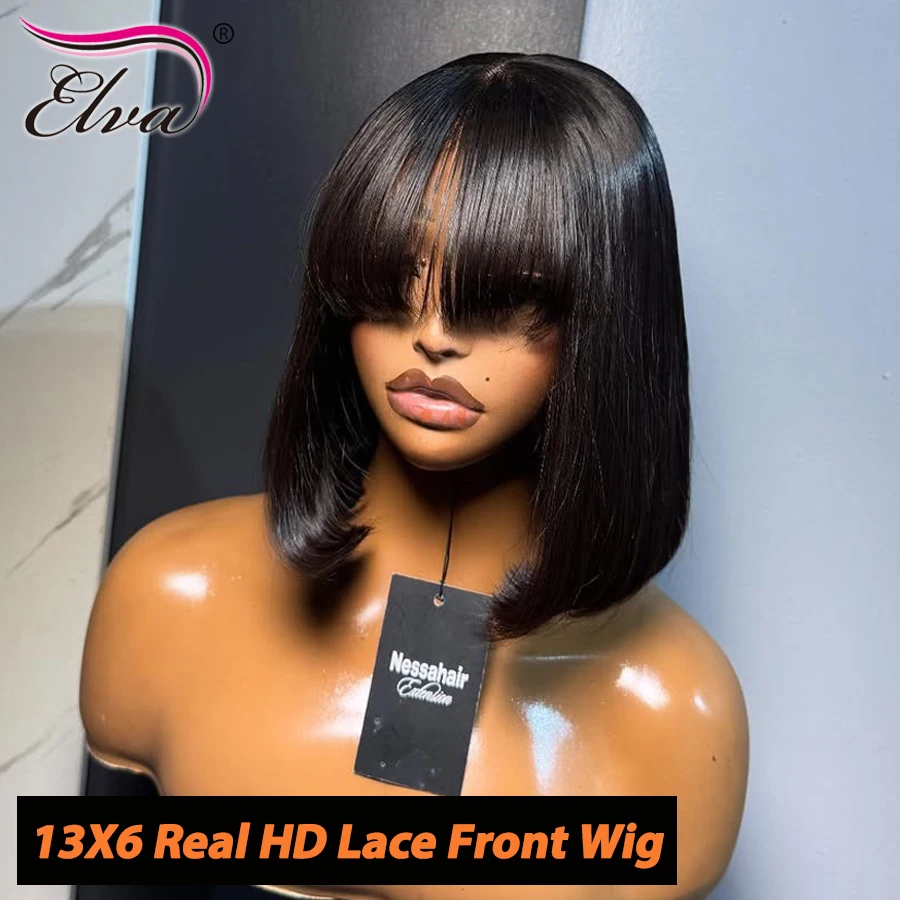 Silky Straight Bob Wig With Bangs 13X6 Transparent Lace Frontal Gluless Wig Preplucked 100% Human Hair Ready To Wear Woman Wigs