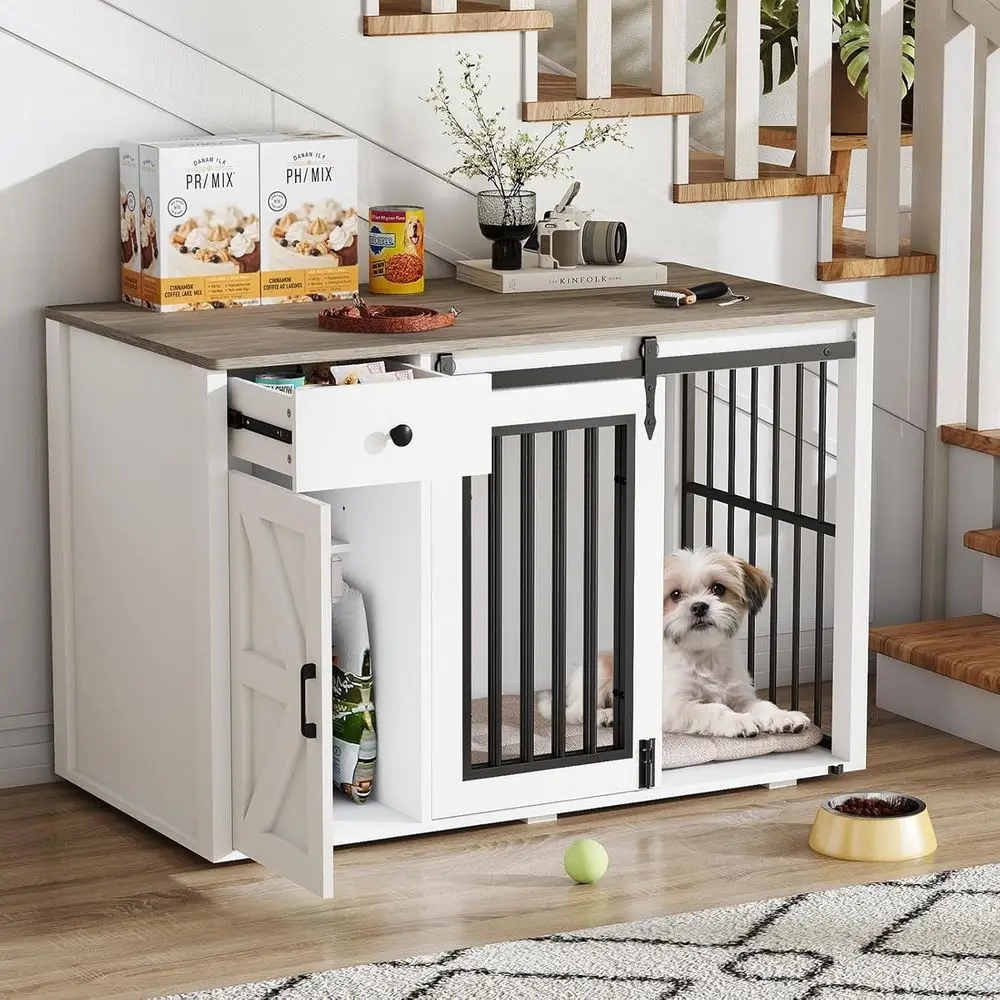 

44 Dual-Purpose Sturdy Dog Crate with Sliding Door and Removable Divider for Indoor Use, Suitable for Small to Medium Dogs, Whit