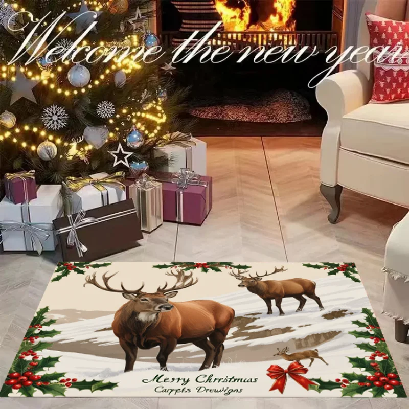 

VIKAMA Christmas Elk Dooramt Living Room Bedroom Non-Slip Machine Washable Entry Rug Stain Resistant Indoor Floor Mat Home Decor