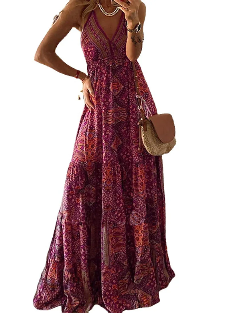 Women's Sleeveless Long Boho Dress Summer Loose Print Spaghetti Strap Flowy Dresses Bohemian Sundress Beachwear Party Vestidos