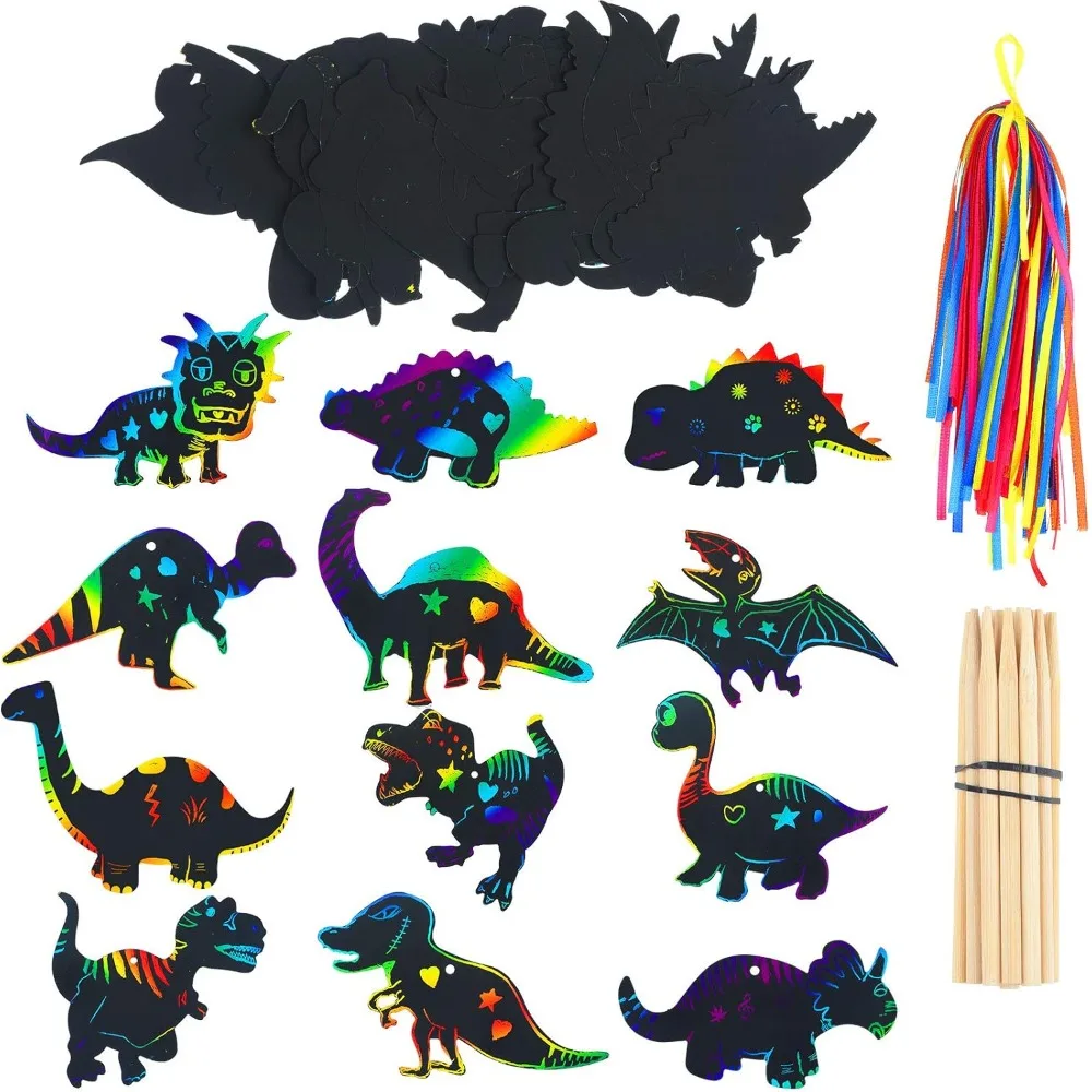 

A 120-piece scratch dinosaur craft art set, including 48 scratch dinosaur papers, 24 wooden styluses and 48 ribbons