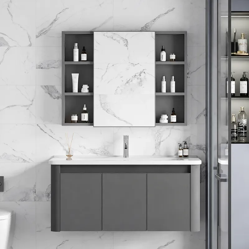 Light Luxury Arc Honeycomb Aluminum Bathroom Cabinet with Ceramic Integrated Basin Modern Wall Mounted Vanity Unit for Toilet