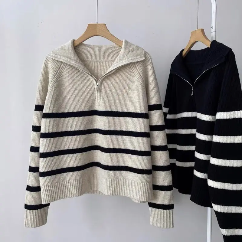

French Vintage Collared Half Zip Sweater Women's Color Block Striped Knit Top Fall Pullover Lazy Style Casual Blouse
