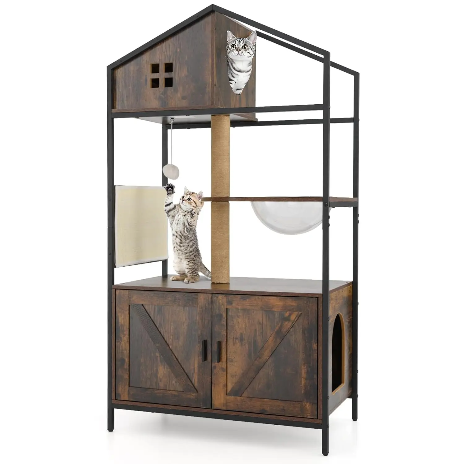Cat Litter Box Enclosure with Condo, Jute & Sisal Scratching Posts, Space Capsule, Detachable Pad, Dangling Ball, Customized