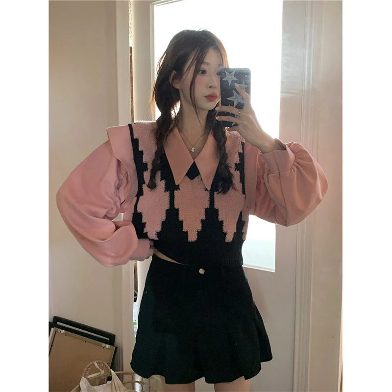 MEXZT Fake Two-Piece Cropped Sweater Women Streetwear Argyle Knitted Pullovers Preppy Sweet Patchwork Knitwear Korean Jumper New