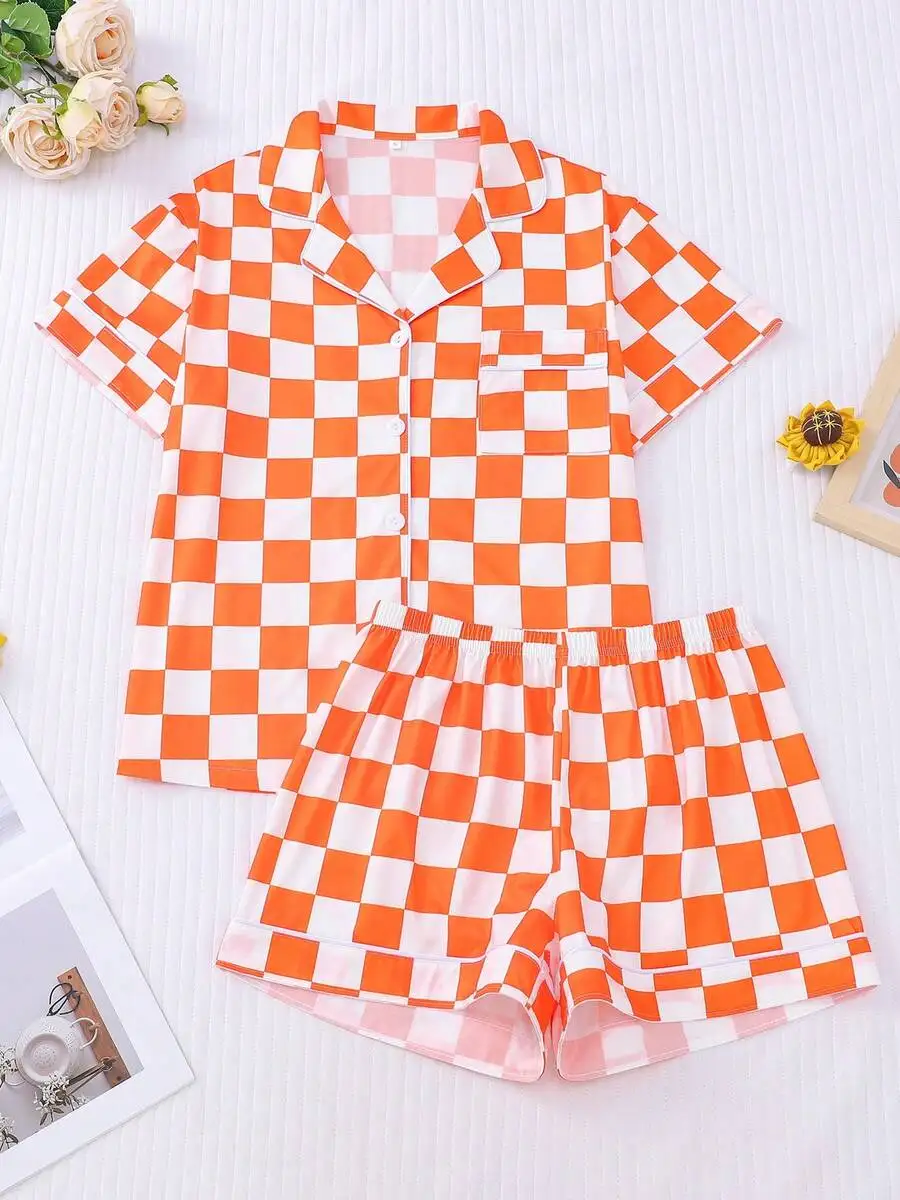 

Women's Orange & White Checkerboard Pajama Set - Short Sleeve Top with Pocket & Shorts