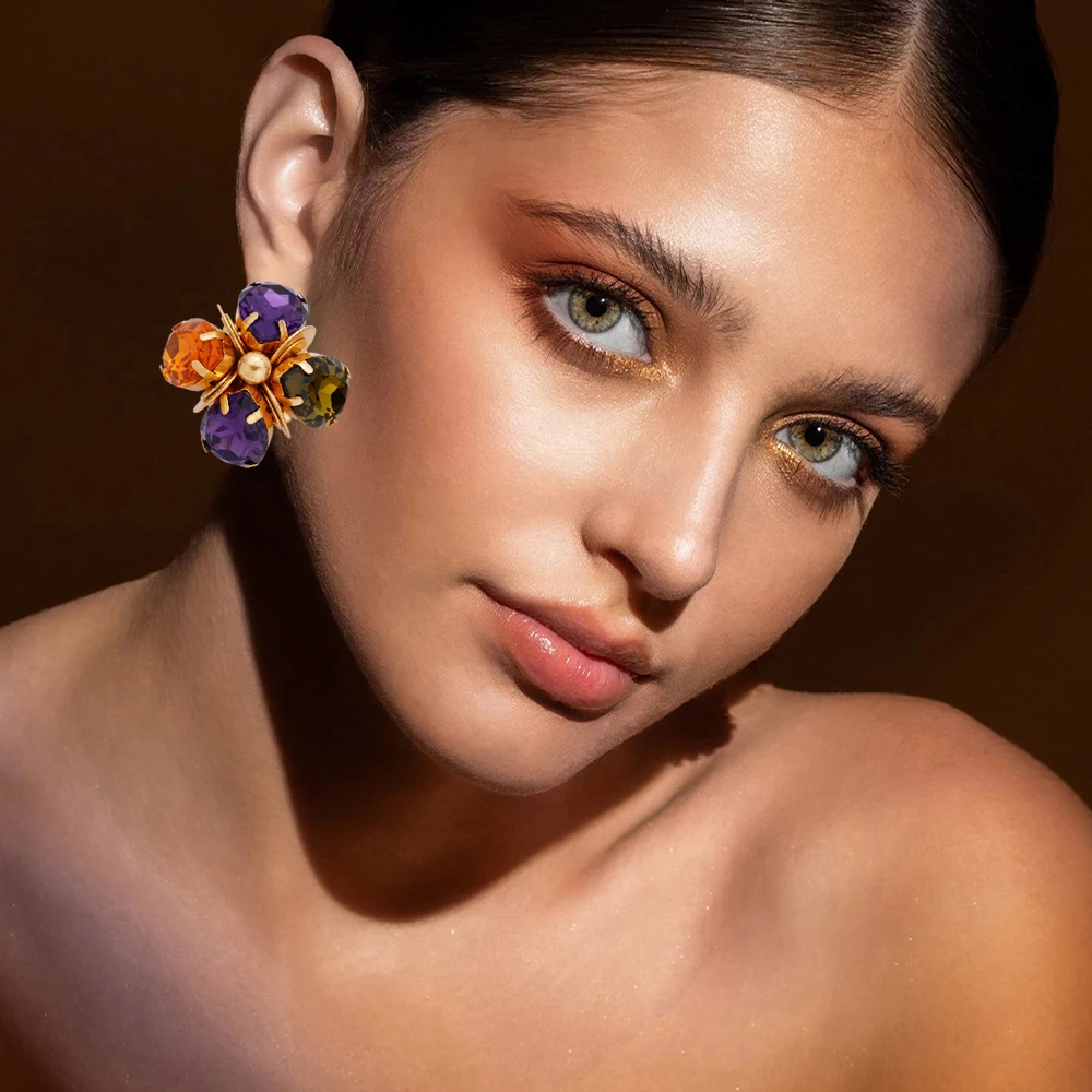 Colorful Crystal Glass Flower Earrings For Women Trendy Charm Prom Party Luxury Pendant Vintage Statement Y2k Jewelry