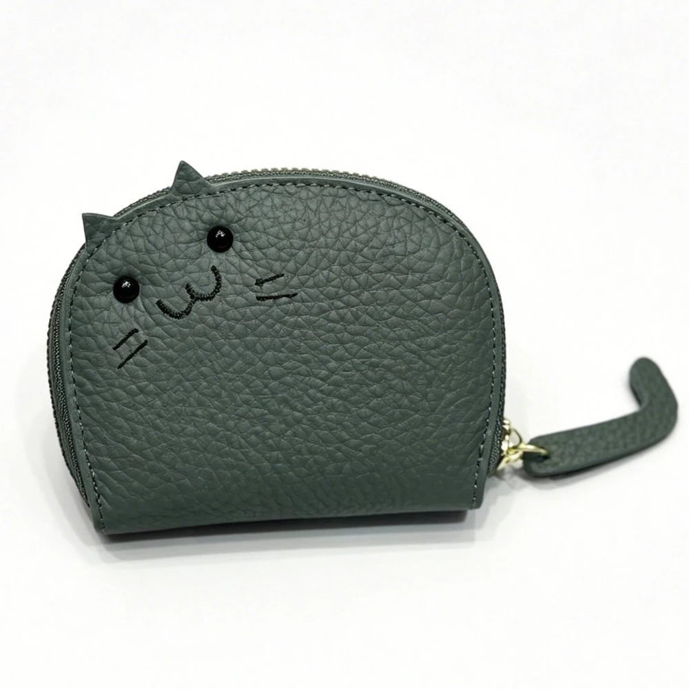 Women's Cute Cat Pattern Genuine Leather Card Holder Cartoon Mini Card Bag Portable ID Card Credit Card Storage Pouch for Woman