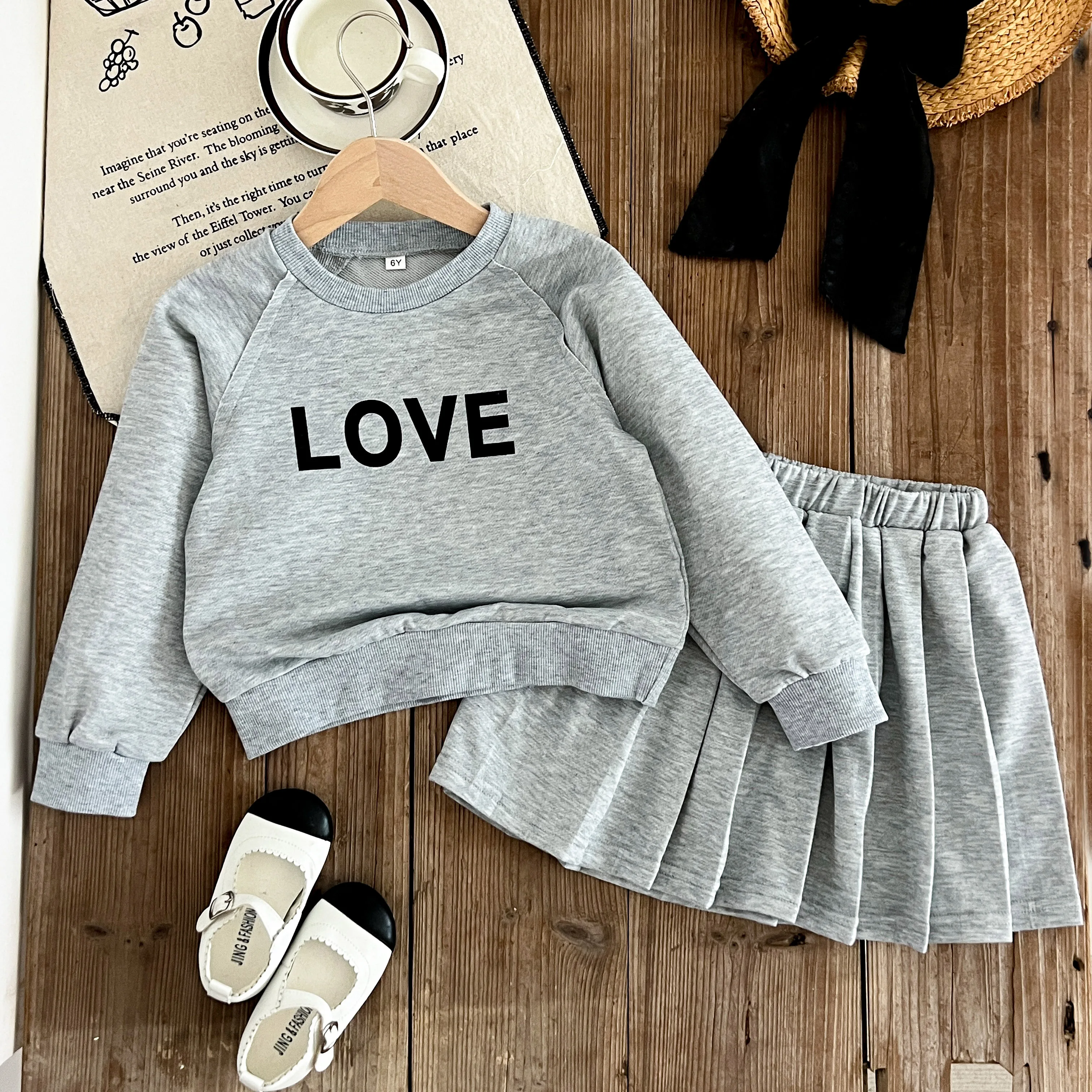 Girls' Spring Set Letter Long Sleeve Hoodie+Pleated Skirt 2-piece Kids Clothes Suit