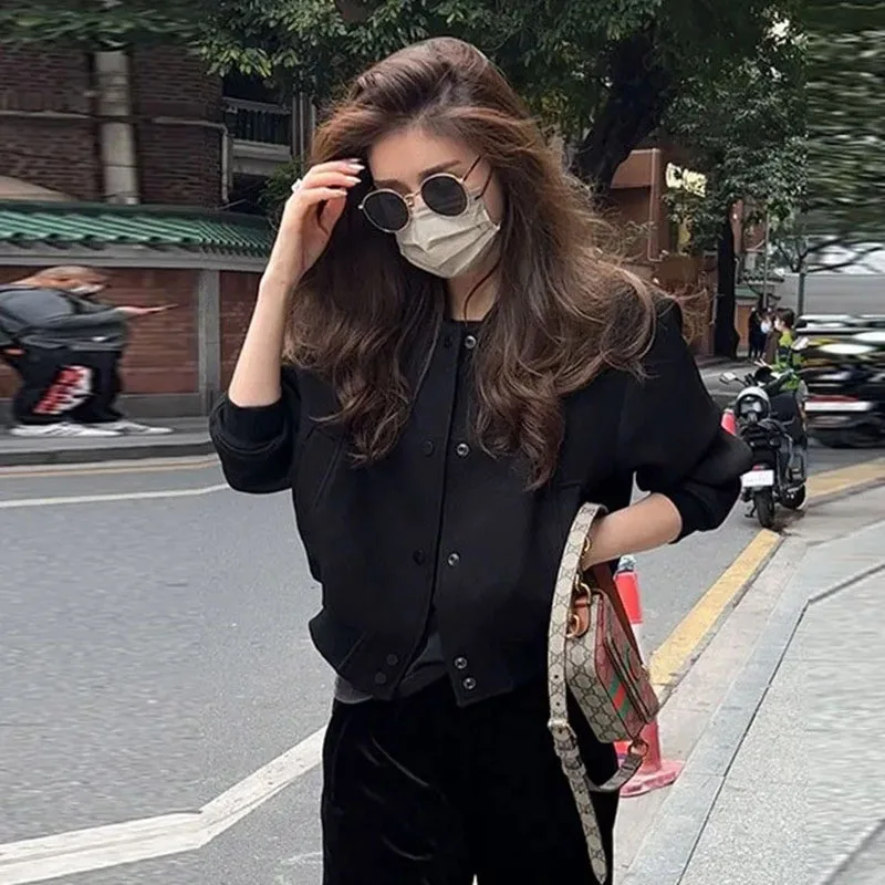 Red Baseball Uniform Coats Women Autumn Winter Round Neck Short Jacket Single Breasted Fashion Casual Korean Loose Outwear