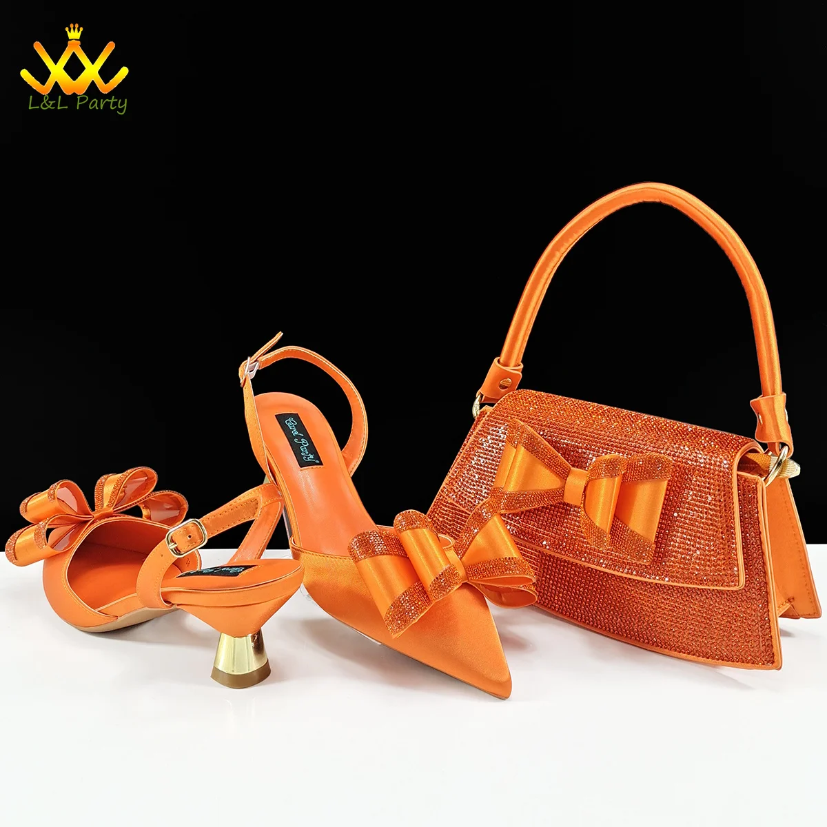 

Комплект женской обуви и сумки для зрелых женщин с острым носком оранжевого цвета, высокое качество, элегантный стиль с аппликациями для платья