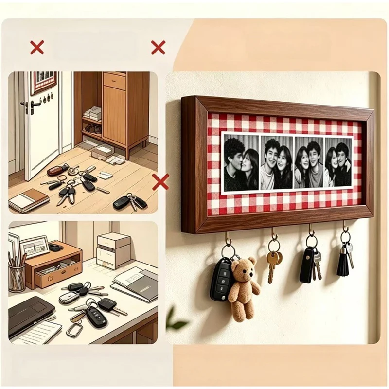 Kreativer Bilderrahmen für Paarfotos mit Schlüsselhaken, Wandmontierter Bilderrahmen, Vintage-Holzrahmen, Rechteckiger Holzbilderrahmen – Detail 3