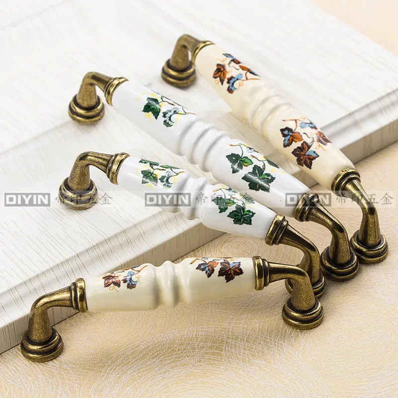 Ceramic Drawer Handle Cabinet Flower Green Leaf Pattern Pulls Wardrobe Locker Dresser Knob for Kitchen Cabinet Knob 96mm 3.78