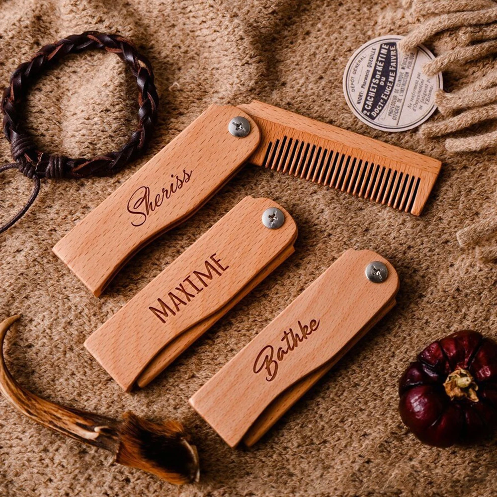 Custom Name Folding Wooden Comb Portable Hair Comb Engraved Groomsman Gift Best Man Souvenir Father's Day Present