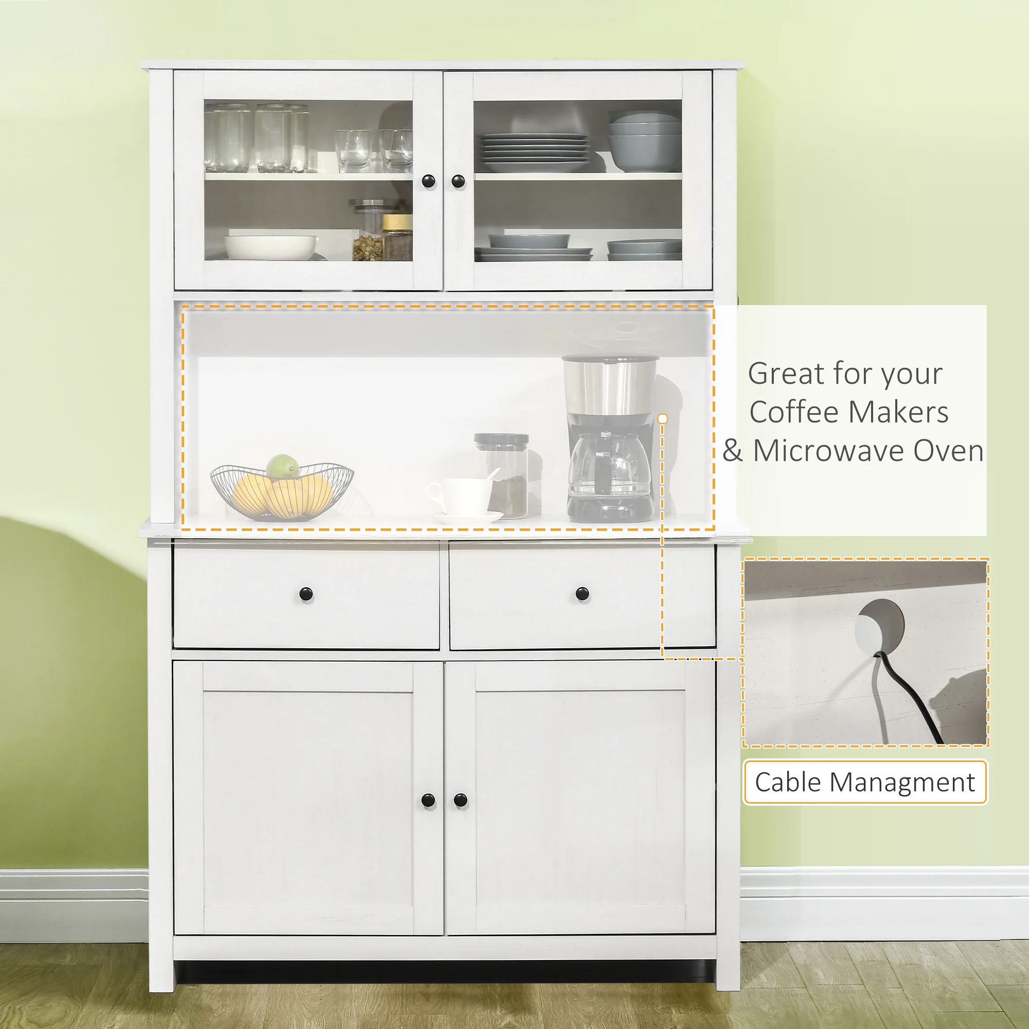 HOMCOM 63.5" Kitchen Buffet with Hutch, Pantry Storage Cabinet with 4 Shelves, Drawers, Framed Glass Doors, Open Microwave Countertop, Antique White image 5