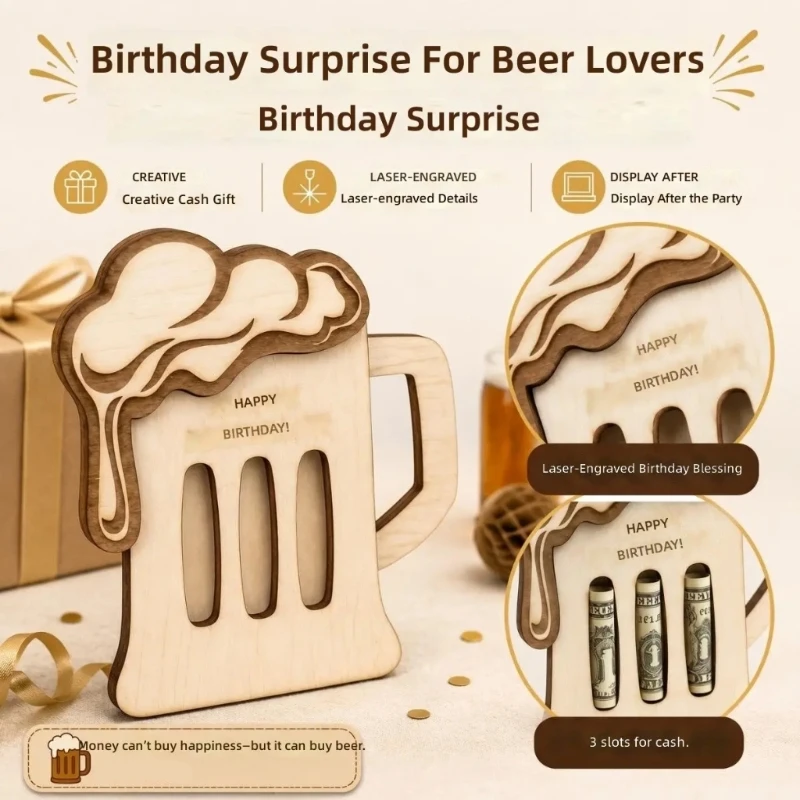 U1JB Beer Mugs Themed Wooden Card Holders Decors, Decorative Desktop Organiser with 3 Front Slot, Natural Display Decors