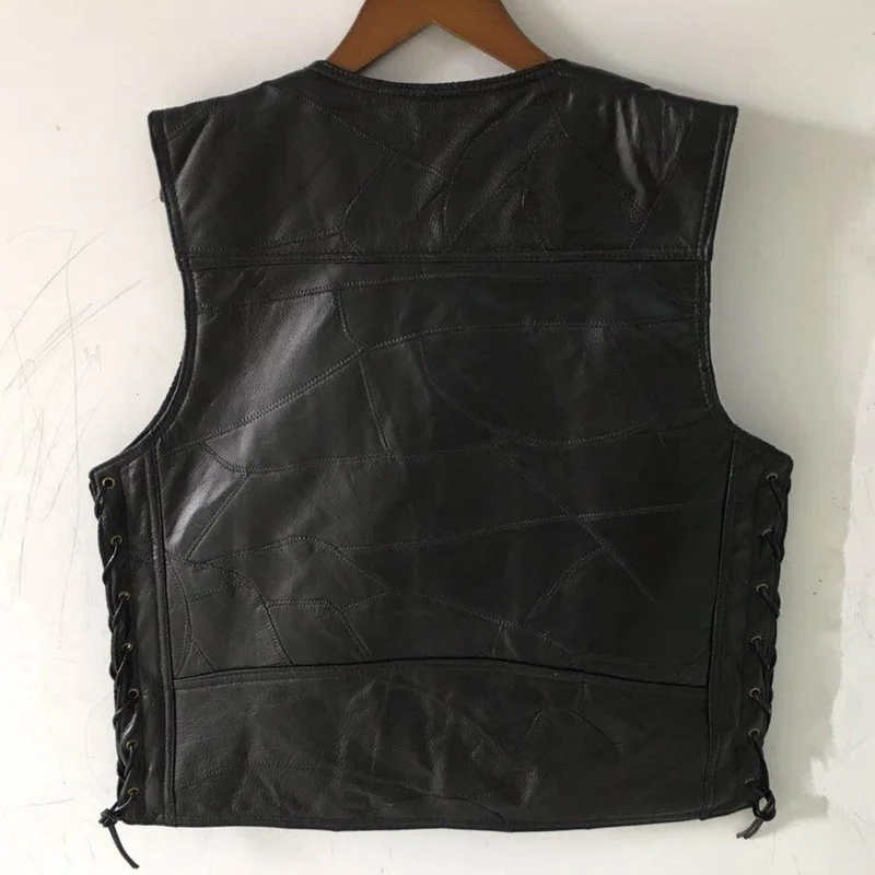 Mens Side Laces Adjustable Black Leather Motorcycle Vest Biker Vests Soft Sheepskin