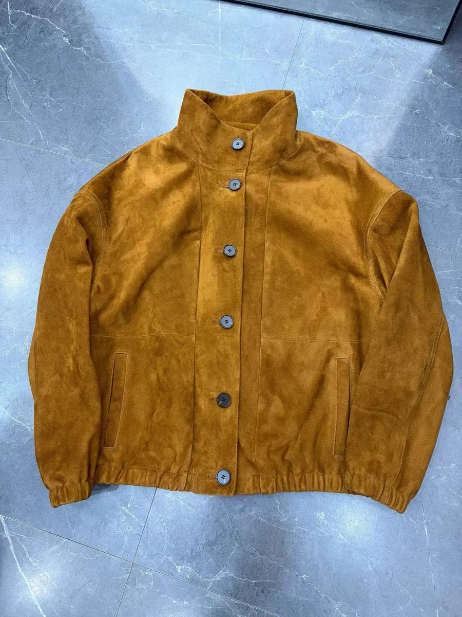 Giacca Bomber Retrò in Pelle Scamosciata e Pelle di Pecora da Donna 2026, Cappotto Corto Vintage con Colletto Rialzato e Vita Elasticizzata, Chic Veste Femme
