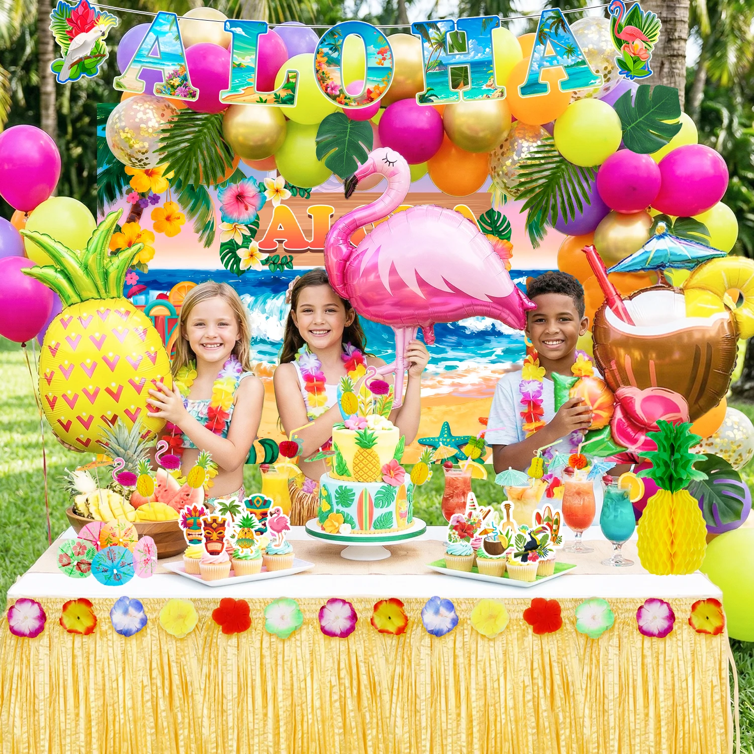 139 Pcs Hawaiian Aloha Luau Party Decorations Set - Tropical Aloha Luau Cupcake Toppers Banner Backdrop Balloons etc Aloha Birthday Decorations for Hawaiian Luau Party Supplies