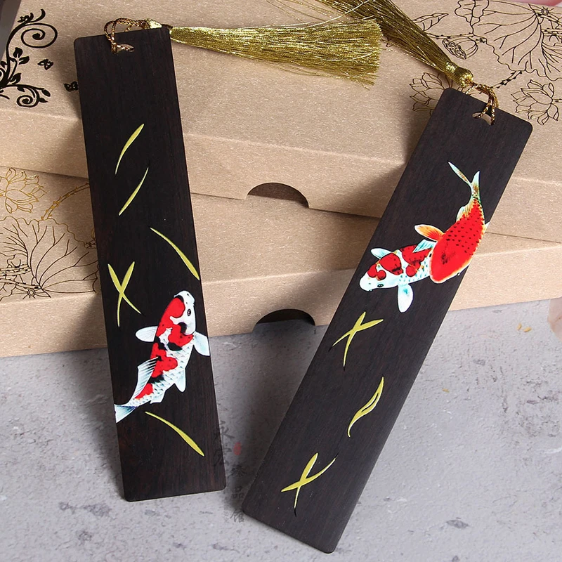 Retro Chinese Style Painted Koi Carp Wooden Bookmark Tassel Pendant Creative Book Mark Students Supplies Stationery Accessories