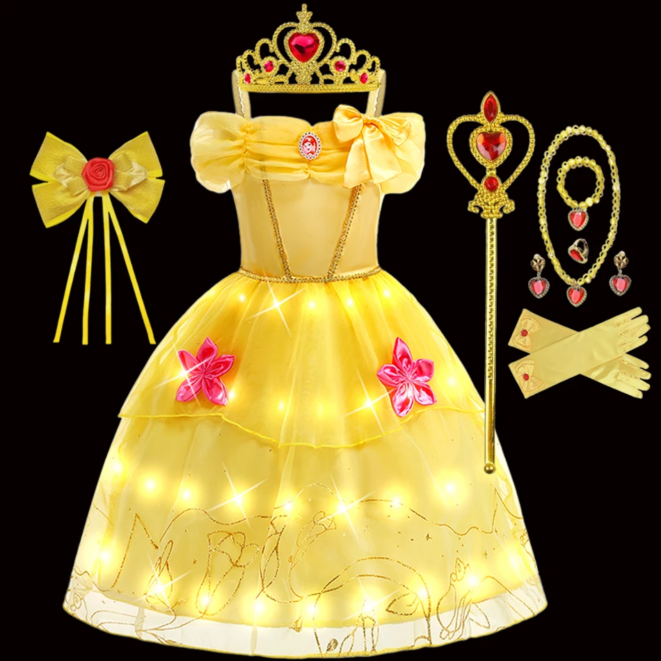 

Disney Belle Princess LED Light Up Dress Girls Cosplay Beauty and The Beast Costume Kids Halloween Carnival Birthday Clothes
