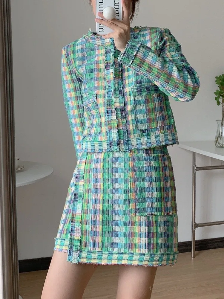 Office Ladies Fashion Weave Lattice Jacket Spring Autumn Long Sleeve O-Neck Elegant Tweed Short Coat Slim Fit  Women Outerwear