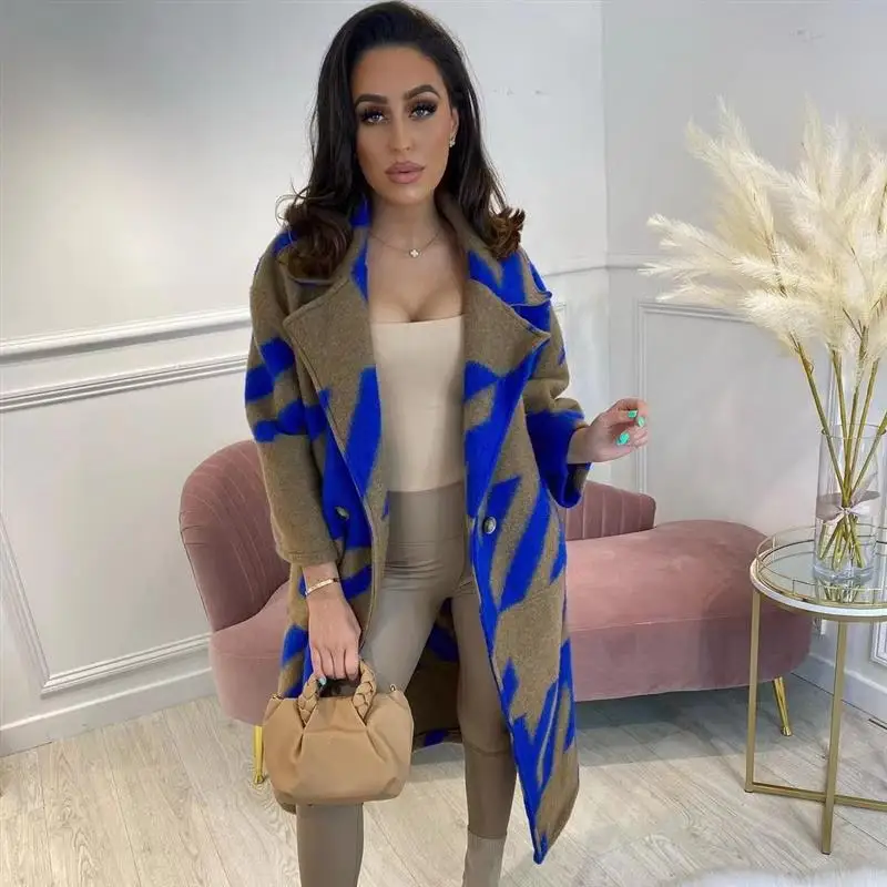 جديد خريف 2024 ملابس خارجية نسائية منقوشة طويلة Sve بياقة مقلوبة معطف صوفي مطبوع متوفر معزات متعددة