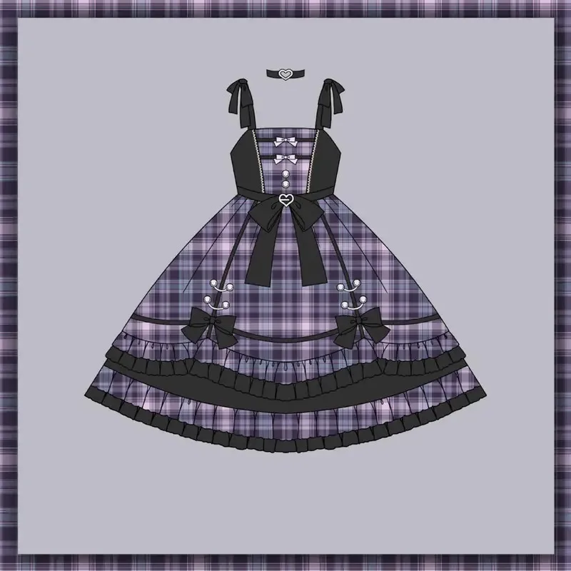 

[Star Charm]Summer Purple Checker Singing Gown Lolita Daily Sweet Lolita Dress JSK Cool Girl Gothic Vestido Manga Larga